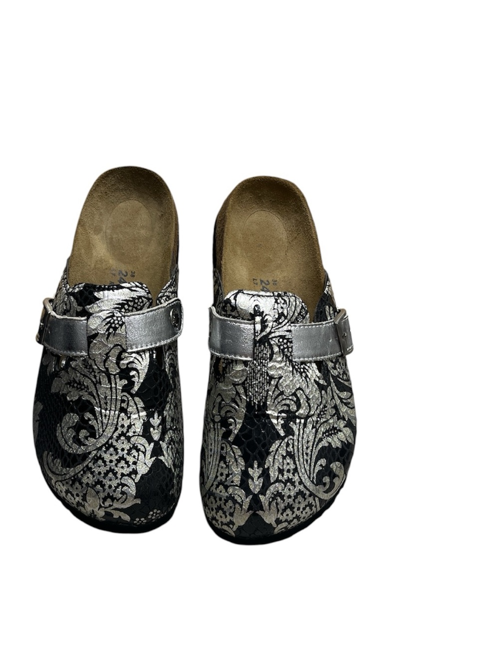 Betula by Birkenstock Black & Silver Metallic Paisley Clogs Size 38 US 7